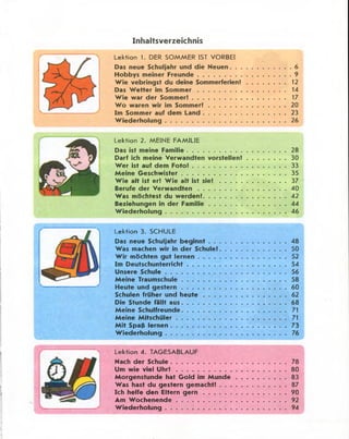 Inhaltsverzeichnis
Lektion 1. DER SOMMER IST VORBEI
Das neue Schuljahr und die Neuen..................................... 6
Hobbys meiner Freunde........................................................ 9
Wie vebringst du deine Sommerferien!.......................... 12
Das Wetter im So m m er.......................................................14
Wie war der Som m er!..........................................................17
Wo waren wir im Som m er!................................................20
Im Sommer auf dem Lan d ...................................................23
W iederholung.........................................................................26
Lektion 2. MEINE FAMILIE
Das ist meine Fam ilie............................................................ 28
Darf ich meine Verwandten vorstellen!......................... 30
Wer ist auf dem F o to !......................................................... 33
Meine G eschw ister................................................................35
Wie alt ist er! Wie alt ist s i e ! ......................................... 37
Berufe der V erw and ten ......................................................40
Was möchtest du werden!...................................................42
Beziehungen in der Fam ilie................................................44
W iederholung.........................................................................46
Lektion 3. SCHULE
Das neue Schuljahr beg innt................................................48
Was machen wir in der Schule!......................................... 50
Wir möchten gut lernen......................................................52
Im Deutschunterricht............................................................ 54
Unsere S ch u le .........................................................................56
Meine Traumschule............................................................... 58
Heute und g e ste rn ............................................................... 60
Schulen früher und h e u te ...................................................62
Die Stunde fällt aus............................................................... 68
Meine Schulfreunde................................................................71
Meine M itschüler...................................................................71
Mit Spaß lernen......................................................................73
W iederholung......................................................................... 76
Lektion 4. TAGESABLAUF
Nach der Schule......................................................................78
Um wie viel U h r ! ...................................................................80
Morgenstunde hat Gold im M u n d e ................................83
Was hast du gestern gem acht!......................................... 87
Ich helfe den Eltern g e r n ...................................................90
Am W ochenende...................................................................92
W iederholung......................................................................... 94
 