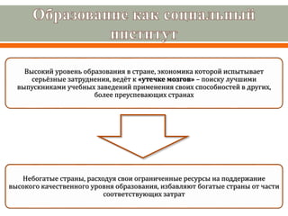 Высокий уровень образования в стране, экономика которой испытывает
серьёзные затруднения, ведёт к «утечке мозгов» – поиску лучшими
выпускниками учебных заведений применения своих способностей в других,
более преуспевающих странах
Небогатые страны, расходуя свои ограниченные ресурсы на поддержание
высокого качественного уровня образования, избавляют богатые страны от части
соответствующих затрат
 
