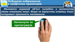 6
Побудова зображення
з графічних примітивів
Малювати окремий об’єкт потрібно з натиснутою
лівою клавішею миші. Якщо ти відпустиш клавішу миші,
інструмент припинить малювання.
Розділ 1
§ 3
Натиснути та
протягувати
 