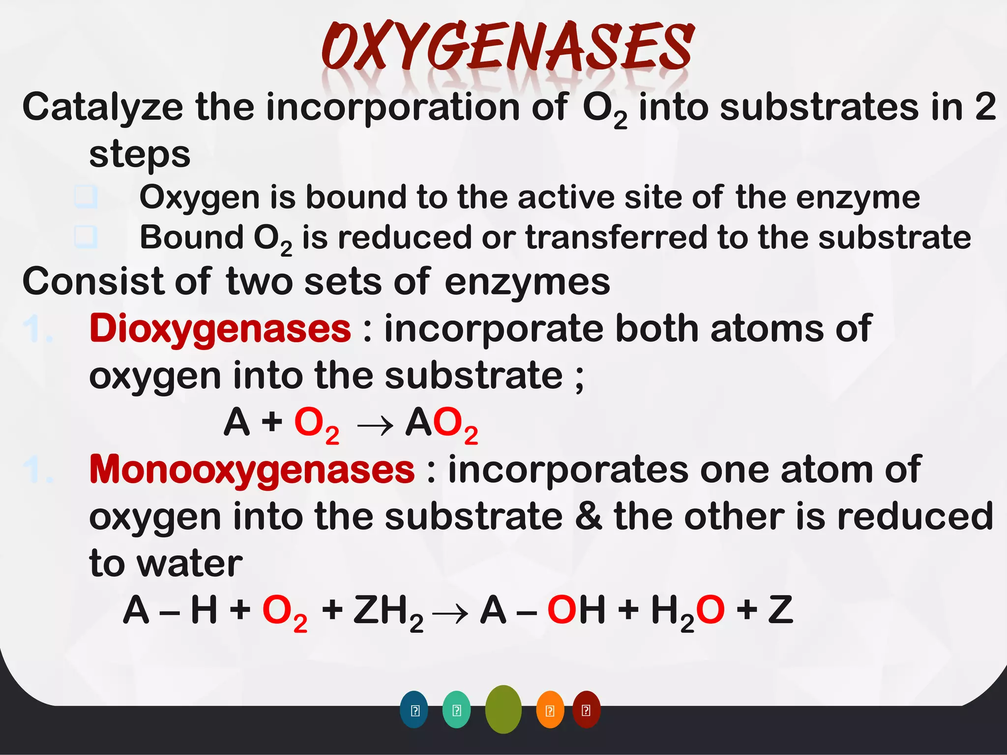 Catalyze the incorporation of O2 into substrates in 2
steps
❑ Oxygen is bound to the active site of the enzyme
❑ Bound O2 is reduced or transferred to the substrate
Consist of two sets of enzymes
1. Dioxygenases : incorporate both atoms of
oxygen into the substrate ;
A + O2 → AO2
1. Monooxygenases : incorporates one atom of
oxygen into the substrate & the other is reduced
to water
A – H + O2 + ZH2 → A – OH + H2O + Z
 