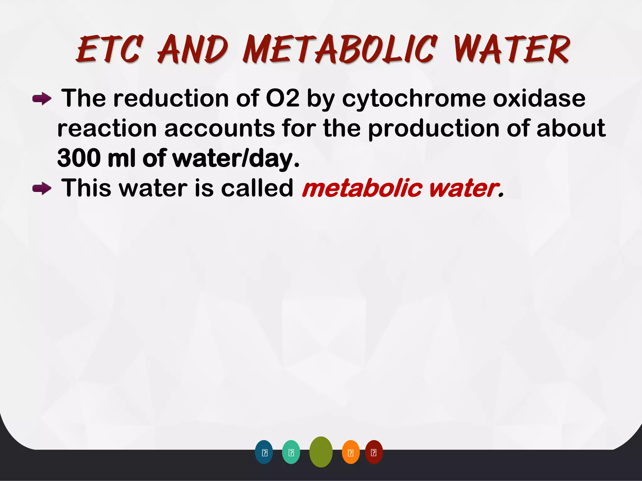 The reduction of O2 by cytochrome oxidase
reaction accounts for the production of about
300 ml of water/day.
This water is called metabolic water.
 