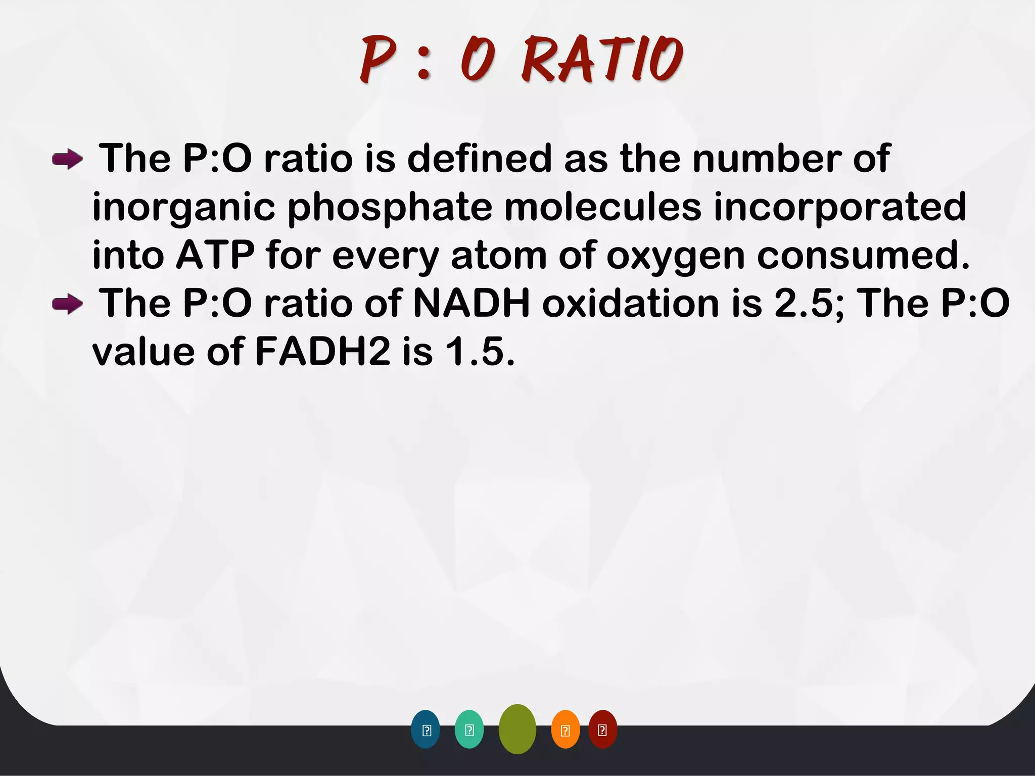 :
The P:O ratio is defined as the number of
inorganic phosphate molecules incorporated
into ATP for every atom of oxygen consumed.
The P:O ratio of NADH oxidation is 2.5; The P:O
value of FADH2 is 1.5.
 