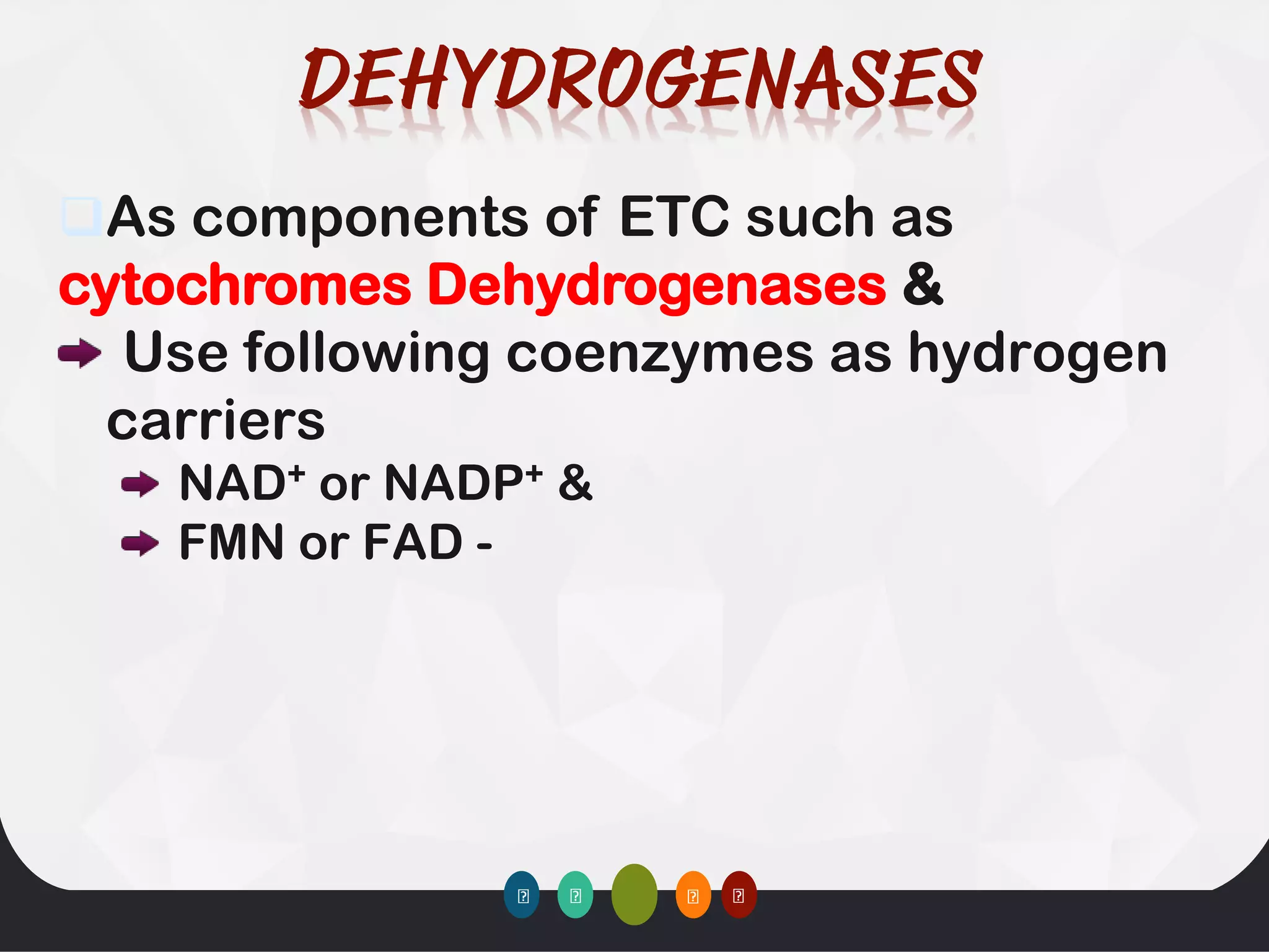 ❑As components of ETC such as
cytochromes Dehydrogenases &
Use following coenzymes as hydrogen
carriers
NAD+ or NADP+ &
FMN or FAD -
 