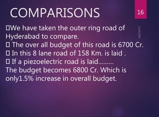 COMPARISONS 16
We have taken the outer ring road of
Hyderabad to compare.
The over all budget of this road is 6700 Cr.
In this 8 lane road of 158 Km. is laid .
If a piezoelectric road is laid………
The budget becomes 6800 Cr. Which is
only1.5% increase in overall budget.
 