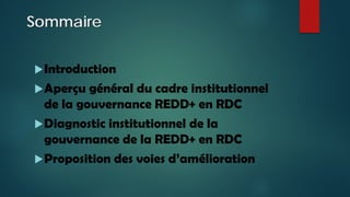 Sommaire
Introduction
Aperçu général du cadre institutionnel
de la gouvernance REDD+ en RDC
Diagnostic institutionnel d...
