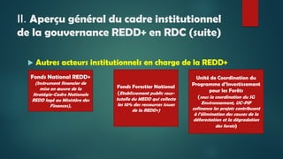 II. Aperçu général du cadre institutionnel
de la gouvernance REDD+ en RDC (suite)
 Autres acteurs institutionnels en char...