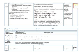 Сабақ
тың
соңы
Сабақты қорытындылау.
1. Қандай тапсырмалар қиындық туғызды?
2. Неліктен?
3. Жұмыста нені ескермедіңіздер?
4. Неліктен?
5. Нәтижені қалай жақсартуға болады?
Сабақ соңында оқушылар рефлексия
жүргізеді:
- нені білдім, нені үйрендім;
- нені толық түсінбедім;
- немен жұмысты жалғастыру қажет.
Үй тапсырмасын орындауға дайындық
Оқушыларға үй тапсырмасын түсіндіру
Берілген айнымалының мәнін қолданып, өрнектің мәнін
тап:
2. Қабырғасы 5 см болатын шаршыдан қабырғасы а см
щаршы кесіліп алынды. Шаршының қалған бөлігінің
ауданы – В см2
. В-ның а-ға тәуелділік формуласын жаз. а
қандай мәндер қабылдауы мүмкін? а-ның қабылдайтын
барлық мүмкін мәндерін пайдаланып график сал.
Тапсырма
бойынша
жұптық жұмыс
жасайды
Жұптық
талқылау
жасайды
Тапсырмаларды
ң нәтижелерін
салыстырады
Оқулықпен
жұмыс жасайды
Ұзақ мерзімді жоспар бөлімі:
6.1А Қатынастар және пропорциялар
Мектеп: №76
Күні: Мұғалімнің аты-жөні:
Сынып: 6 Қатысқандар саны: Қатыспағандар саны:
Сабақ тақырыбы Мәтінді есептерді шығару
Осы сабақта қол
жеткізілетін оқу
мақсаттары (оқу
бағдарламасына
сілтеме)
6.5.2.4
мәтінді есептер шығаруда айнымалысы бар өрнектер мен формулалар құрастыру;
6.2.1.10
теңдіктерден бір айнымалыны екінші айнымалы арқылы өрнектеу;
Сабақ
мақсаттары мәтінді есептер шығаруда айнымалысы бар өрнектер мен формулалар құрастырады
теңдіктерден бір айнымалыны екінші айнымалы арқылы өрнектейді;
Сабақ барысы
Сабақ
тың
кезеңі
/
уақыт
Педагогтің әрекеті Оқушының әрекеті Бағалау
Ресурст
ар
 