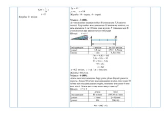 х
20
1
55
,
0 
11

х
Жауабы: 11 км/сағ.
12
2 
у
6

у , 14

х
Жауабы: 14 - тауық, 6 – торай.
Мысал – 3 (888).
А стансасынан шыққан пойыз В стансасына 7,8 сағатта
жетеді. Егер пойыз жылдамдығын 10 км/сағ-қа кемітсе, ол
осы аралықты 1 сағ 30 мин ұзақ жүреді. А стансасы мен В
стансасының ара қашықтығын табыңдар.
Шешуі: t
s 

жылдамдық х км/сағ (х -10) км/сағ
уақыт 7,8 сағ (7,8 + 1,5) сағ
жолы 7,8х 9,3(х -10)
 
10
3
,
9
8
,
7 
 х
х
93
3
,
9
8
,
7 
 х
х
х
х 8
,
7
3
,
9
93 

х
5
,
1
93 
62

х
62

х км/сағ, 6
,
483
8
,
7
62 


s км.
Жауабы: 483,6 км.
Мысал – 4 (889).
Ағасы мен інісі мектепке бару үшін үйден бірдей уақытта
шықты. Ағасы 80 м/мин жылдамдықпен жүрсе, інісі одан 30
м/мин кем жылдамдықпен жүріп, мектепке ағасынан 6 мин
кеш келді. Ағасы мектепке неше минутта келді?
Шешуі: t
s 

ағасы інісі
жылдамдық 80 м/мин (80-30) м /мин
уақыт t мин (t+6) мин
уақыт 80t 50(t+6)
 
6
50
80 
 t
t
 