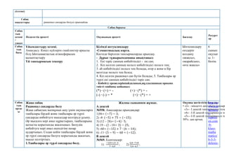 сілтеме)
Сабақ
мақсаттары рационал сандарды бөлуді орындайды
Сабақ барысы
Сабақ
тың
кезеңі
/
уақыт
Педагогтің әрекеті Оқушының әрекеті Бағалау
Ресурст
ар
Сабақ
тың
басы
Ұйымдастыру кезеңі.
Амандасу. Көңіл күйлерін смайликтер арқылы
білу.Ынтымақтастық атмосферасын
қалыптастыру
Үй тапсырмасын тексеру
Білімді актуаландыру
-Семантикалық карта.
Кестеде берілген тапсырмаларды орындау.
- Дұрыс тұжырымдаманы анықтаңыз:
1. Екі теріс санның көбейтіндісі - оң сан;
2. Кез келген санның нольге көбейтіндісі нольге тең;
3. аb көбейтіндісі нольге тең болады, егер а және в бір
мезгілде нольге тең болса;
4. Кез келген рационал сан бүтін болады; 5. Таңбалары әр
түрлі екі санның көбейтіндісі теріс сан.
- Көбейту ережелерінпайдаланып,жұлдызшаның орнына
тиісті таңбаны қойыңыз:
(*) ∙ (+) = - (+) ∙ (*) = -
(-) ∙ (-) = * (+) ∙ (*) = +
Ынталандыру
сөздерін
қолдану
«жақсы»,
«жарайсың»,
«өте жақсы»
6
сынып
оқулығ
ы. 1-
бөлім.
Сабақ
тың
ортас
ы
Жаңа сабақ
Рационал сандарды бөлу
Жаңа сабақтың мазмұнын ашу үшін оқушыларға
таңбалары бірдей және таңбалары әр түрлі
сандарды көбейтуге мысалдар келтіруді ұсыну. .
Әр мысалға кері амал құрастырып, таңбаларына
қатысты қорытынды жасатыңыз. Бөлудің
көбейтуге кері амал екендігіне назар
аудартыңыз. Содан кейін таңбалары бірдей және
әр түрлі сандарды бөлуге қорытынды жасатып,
мысал келтіртіңіз.
1.Таңбалары әр түрлі сандарды бөлу.
Жалпы сыныппен жұмыс.
А деңгей
№558. Амалдарды орындаңдар:
1)56÷ (−7) − 3;
2) -8∙ (−5) + 75 ÷ (−15);
3) (12 – 28)÷ (−4) ∙ 5;
4) 19 – (2 - 18÷ 3) − 25;
5) -60÷ (−15) + 7 ∙ (6 − 14);
6) -11∙ (5 − 9) − 60 ÷ (−12).
В деңгей
№569. Есептеңдер:
1)
−3,8+1,5−4
7−4,9
; 2)
6,8−7+8
5,4−6,7
;
Оқушы жетістігін бағалау:
• «2» - міндетті деңгейдің тапсырм
«3» - І деңгей тапсырмасын толы
«4» - І-ІІ деңгей тапсырмасын то
«5» - І-ІІ деңгей тапсырмасын то
50%- дан артық.
http://w
ww.mat
hematic
s-
repetiti
on.com
/6-
klass-
mathe
matics/
6-3-3-
delenie-
 