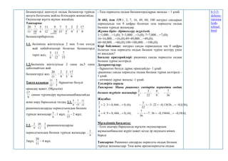 бөлшектерді шектеулі ондық бөлшектер түрінде
жазуға болатыны жайлы білімдерін жинақтайды.
Оқушылар жұпта жұмыс жасайды.
Тапсырма:
9
17
;
3
2
;
9
2
;
5
3
;
15
7
;
20
9
;
12
11
;
6
5
;
10
7
;
11
20


бөлшектеріберілген.
1.1. бөлімінің жіктелуінде 2 мен 5-тен өзгеде
жай көбейткіштері болатын бөлшектерді
теріп жаз;
15
7
;
12
11
;
6
5
1.2.бөлімінің жіктелуінде 2 саны да,5 саны
даболмайтын жай
бөлшектерді жаз.
9
17
;
3
2
;
9
2
;
11
20

Тақта алдында
12
11
;
3
2
бұрыштап бөлуді
орындау қажет. (Мұғалім)
9
17
санын түрлендіру жұмысыныңбақылайды
және көру барысында талдау 2.1.
12
11
;
15
7
;
6
5
рационалсандарды периодтыондық бөлшек
түрінде жазыңдар: 
6
5 1 жұп; 
15
7
2 жұп;
2.2.
3
2
;
11
20
;
9
2
 рационалсандарды
периодтыондық бөлшек түрінде жазыңдар: 

9
2
3жұп; 
11
20
4 жұп.
- Таза периодты ондық бөлшектердідұрыс жазады – 1 ұпай.
№ 604, бет 139.1, 3, 7, 16, 49, 60, 100 натурал сандарын
периодында тек 0 цифры болатын таза периодты ондық
бөлшек түрінде жазыңдар.
Жұпта бірін– бірітексеру жүргізеді.
1=1,000…=1,(0); 3=3,000…=3,(0); 7=7,000…=7,(0);
16=16,000…=16,(0);49=49,000…=49,(0);
60=60,000…=60,(0);100=100,000…=100,(0);
Кері байланыс: натурал санды периодында тек 0 цифры
болатын таза периодты ондық бөлшек түріне келтіру үшін
не жасадық?
Бағалау критерийлері: рационал санды периодты ондық
бөлшек түріне келтіреді.
Дескрипторлар:
- бұрыштап бөлуді дұрыс орындайды– 1 ұпай.
-рационал санды периодты ондық бөлшек түріне келтіреді -
1 ұпай.
- нәтижені дұрыс жазады -1 ұпай.
Үлестірім парағы
Тапсырма: Мына рационал сандарды периодты ондық
бөлшек түрінде жазыңдар. .
36
7
;
9
4
;
22
3
;
3
2


Жауабы:
);
4
(
19
,
0
...
19444
,
0
36
:
7
36
7
);
4
(
,
0
...
444
,
0
9
:
4
9
4
);
36
(
1
,
0
...
13636
,
0
22
:
3
22
3
);
6
(
,
0
...
666
,
0
3
:
2
3
2




















Мұғалімнің бағалауы:
- Есеп шығару барысында мұғалім оқушылардың
жұмысынбақылап жүріп қажет кезде әр оқушыға көмек
береді
Тапсырма: Рационал сандарды периодты ондық бөлшек
түрінде жазыңыздар. Таза және араласпериодты ондық
6-3-3-
delenie-
ratsiona
lynh-
tchisel.
html
 