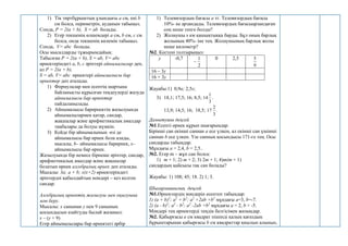 1) Тік төртбұрыштың ұзындығы а см, ені b
см болса, периметрін, ауданын табыңыз.
Сонда, P = 2(a + b), S = ab болады.
2) Егер текшенің өлшемдері а см, b см, с см
болса, онда текшенің көлемін табыңыз.
Сонда, V= abc болады.
Осы мысалдарды тұжырымдайық:
Табылған P = 2(a + b), S = ab, V= abc
өрнектеріндегі а, b, с әріптері айнымалылар деп,
ал P = 2(a + b),
S = ab, V= abc өрнектері айнымалысы бар
өрнектер деп аталады.
1) Формулалар мен есептің шартына
байланысты құрылған теңдеулерді жазуда
айнымалысы бар өрнектер
пайдаланылады.
2) Айнымалысы барөрнектің жазылуында
айнымалылармен қатар, сандар,
жақшалар және арифметикалық амалдар
таңбалары да болуы мүмкін.
3) Кейде бір айнымалының өзі де
айнымалысы бар өрнек бола алады,
мысалы, b– айнымалысы барөрнек, х–
айнымалысы бар өрнек.
Жазылуында бір немесе бірнеше әріптер, сандар,
арифметикалық амалдар және жақшалар
болатын өрнек алгебралық өрнек деп аталады.
Мысалы: 3a; a + b; x(x+2) өрнектеріндегі
әріптердәі қабылдайтын мәндері – кез келген
сандар.
Алгебралық өрнектің жазылуы мен оқылуына
мән беру.
Мысалы: х санынан у пен 9 санының
қосындысын азайтуды былай жазамыз:
х – (у + 9)
Егер айнымалылары бар өрнектегі әрбір
1) Телевизордың бағасы а тг. Телевизордың бағасы
10%- ке арзандады. Телевизордың бағасыарзандаған
соң неше тенге болды?
2) Жолаушы s км қашықтыққа барды. Бұл оның барлық
жолының 40%- іне тең. Жолаушының барлық жолы
неше километр?
№2. Кестені толтырыңыз:
у -0,7
2
1

0 2,5
9
5
16 – 3у
16 + 3у
Жауабы:1) 0,9а; 2,5s;
3) 18,1; 17,5; 16; 8,5;
3
1
14 .
13,9; 14,5; 16; 18,5;
3
2
17 .
Дамытушы деңгей
№1.Есепті өрнек құрып шығарыңдар.
Бірінші сан екінші саннан а есе үлкен, ал екінші сан үшінші
саннан b есе үлкен. Үш санның қосындысы 171-ге тең. Осы
сандарды табыңдар.
Мұндағы a = 2,4, b = 2,5..
№2. Егер m – жұп сан болса:
1) m + 1; 2) m + 2; 3) 2m + 1; 4)m(m + 1)
сандардың қайсысы тақ сан болады?
Жауабы: 1) 108; 45; 18. 2) 1; 3.
Шығармашылық деңгей
№1.Өрнектердің мәндерін есептеп табыңдар:
1) (а + b)2
; a2
+ b2
; a2
+2ab +b2
мұндағы a=3, b=-7.
2) (а - b)2
; a2
- b2
; a2
-2ab +b2
мұндағы a = 2, b = -5.
Мәндері тең өрнектерді теңдік белгісімен жазыңдар.
№2. Қабырғасы а см квадрат пішінді қалың қағаздың
бұрыштарынан қабырғасы b см квадраттар қиылып алынып,
 