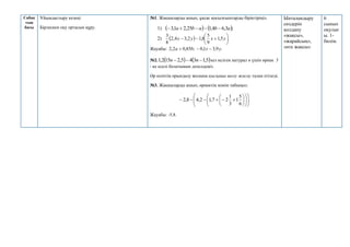 Сабақ
тың
басы
Ұйымдастыру кезеңі
Бірлескен оқу ортасын құру.
№1. Жақшаларды ашып, ұқсас қосылғыштарды біріктіріңіз.
1)    ;
3
,
6
4
,
1
25
,
2
1
,
3 a
b
a
b
a 




2)   .
5
,
1
9
5
8
,
1
2
,
3
4
,
2
8
3








 y
x
y
x
Жауабы: ;
85
,
0
2
,
2 b
a  .
9
,
3
1
,
0 y
x 

№2.    
5
,
1
3
4
5
,
2
15
2
,
1 

 n
n кез келген натурал n үшін өрнек 3
- ке еселі болатынын дәлелдеңіз.
Әр есептің орындалу жолына қысқаша шолу жасау талап етіледі.
№3. Жақшаларды ашып, өрнектің мәнін табыңыз:
.
6
5
1
3
1
2
7
,
1
2
,
4
8
,
2 



























Жауабы: -5,8.
Ынталандыру
сөздерін
қолдану
«жақсы»,
«жарайсың»,
«өте жақсы»
6
сынып
оқулығ
ы. 1-
бөлім.
 
