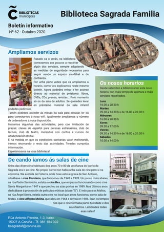 Boletín Informativo de outubro 2020 da Biblioteca Sagrada Familia da Coruña