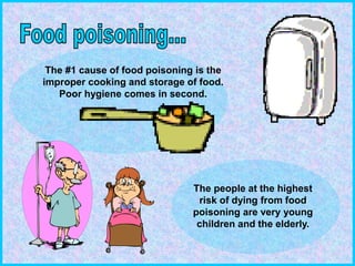 The #1 cause of food poisoning is the
improper cooking and storage of food.
Poor hygiene comes in second.
The people at the highest
risk of dying from food
poisoning are very young
children and the elderly.
 