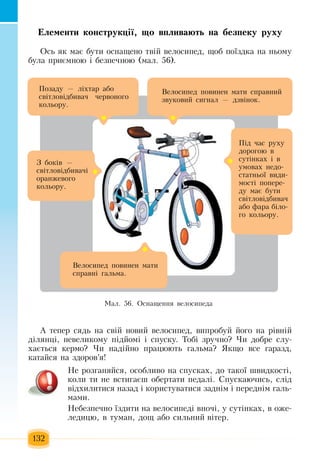 132
Åëå­ìåí­òè êîí­ñò­ðóêö³¿, ùî âïëè­âà­þòü íà áåç­ïå­êó ðó­õó
Îñü ÿê ìàº áóòè îñíàùåíî òâ³é  âåëîñèïåä,  ùîá  ïî¿çäêà íà íüîìó 
áóëà  ïðèºìíîþ  ³ áåçïå÷íîþ (ìàë. 56).
À òåïåð ñÿäü  íà ñâ³é  íîâèé  âåëîñèïåä,  âèïðîáóé éîãî íà ð³âí³é
ä³ëÿíö³,  íåâåëèêîìó  ï³äéîì³ ³ ñïóñêó. Òîá³  çðó÷íî?  ×è äîáðå ñëó­
õàºòüñÿ  êåðìî?  ×è íàä³éíî  ïðàöþþòü ãàëüìà? ßêùî âñå  ãàðàçä,
êàòàéñÿ  íà  çäîðîâ’ÿ!
Íå ðîçãàíÿéñÿ,  îñîáëèâî íà ñïóñêàõ,  äî òàêî¿ øâèäêîñò³,
êîëè òè íå âñòèãàºø îáåðòàòè  ïåäàë³. Ñïóñêàþ÷èñü,  ñë³ä 
â³äõèëèòèñÿ  íàçàä ³ êîðèñòóâàòèñÿ çàäí³ì ³  ïåðåäí³ì  ãàëü­
ìами.
Íåáåçïå÷íî ¿çäèòè íà âåëîñèïåä³ âíî÷³,  ó ñóò³íêàõ,  â îæå­
ëåäèöþ,  â òóìàí,  äîù àáî ñèëüíèé  â³òåð.
Ìàë. 56. Îñíàùåííÿ  âåëîñèïåäà
Âåëîñèïåä  ïîâèíåí ìàòè ñïðàâíèé
çâóêîâèé  ñèãíàë  —  äçâ³íîê.
Âåëîñèïåä  ïîâèíåí ìàòè 
ñïðàâí³  ãàëüìà.
Ç  áîê³â  —
ñâ³òëîâ³äáèâà÷³ 
îðàíæåâîãî 
êîëüîðó.
Ï³ä  ÷àñ ðóõó 
äîðîãою  в
ñóò³íêàõ  ³ â 
óìîâàõ  íåäî­
ñòàòíüî¿ âèäè­
ìîñò³  ïîïåðå­
äó ìàº áóòè 
ñâ³òëîâ³äáèâà÷
àáî ôàðà á³ëî­
ãî êîëüîðó.
Ïîçàäó  —  ë³õòàð àáî 
ñâ³òëîâ³äáèâà÷   ÷åðâîíîãî 
êîëüîðó.
 