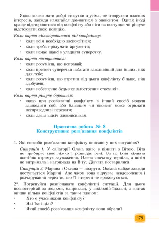 179
ßêùî  õî÷åø  мàòè äîáð³ ñòîñóíêè  ç  óñ³ìà,  íå ³ãíîðóþ÷è âëàñíèõ
³íòåðåñ³â, çàâæäè íàìàãàéñÿ  äîìîâèòèñÿ ç  îïîíåíòîì.  Однак  ³íîä³ 
êðàùå â³äñòîðîíèòèñÿ  â³ä êîíôë³êòó àáî  ï³òè íà  ïîñòóïêè  ÷è ð³øó÷å 
â³äñòîþâàòè  свою  ïîçèö³þ.
Êîëè âàðòî відсторонитися від êîíôë³êòó:
êîëè  вñ³ì íåîáõ³äíî  çàñïîêî¿òèñÿ;•	
êîëè òðåáà  ïðîäóìàòè àðãóìåíòè;•	
êîëè íåìàº øàíñ³â  уладнати суперечку.•	
Êîëè âàðòî ïîñòóïèòèñÿ:
êîëè ðîçóì³ºø,  ùî íåïðàâèé;•	
êîëè  ïðåäìåò ñóïåðå÷êè íàáàãàòî âàæëèâ³øèé  äëÿ  ³íøèõ,  í³æ•	
äëÿ  òåáå;
êîëè ðîçóì³ºø,  ùî âòðàòèø â³ä  öüîãî êîíôë³êòó á³ëüøå,  í³æ•	
здобудеø;
êîëè íåáåçïå÷íå áóäü-ÿêå  çàãîñòðåííÿ  ñòîñóíê³â.•	
Êîëè âàðòî ð³øó÷å áîðîòèñÿ:
ÿêùî  ïðè  розв•	 'язаíí³ êîíôë³êòó  в  ³íøèй ñïîñіá  можеш
зашкодити собі або близьким  чи  îïîíåíò ìîæå îòðèìàòè 
íåñïðàâåäëèâ³  ïåðåâàãè;
êîëè äàºø â³äñ³÷ çëîâìèñíèêàì.•	
Практична робота № 8
Конструктивне розв'язання конфліктів
1. ßê³ ñïîñîáè ðîçâ'ÿçàííÿ  êîíôë³êòó îïèñàíî ó цèõ ситуаціях?
Ñèòóàö³ÿ 1.  Ó ñàíàòîð³¿  Îëåíà  æèâå â ê³ìíàò³  ç Â³òîþ. Â³òà 
íå  ïðèáèðàº ñâîº ë³æêî ³ ðîçêèäàº ðå÷³. Çà  öå ¿õíÿ  ê³ìíàòà 
ïîñò³éíî îòðèìóº  çàóâàæåííÿ. Îëåíà ñïî÷àòêó òåðï³ëà,  à  ïîò³ì 
íå âèòðèìàëà ³ íàãðèìàëà íà  Â³òó. Ä³â÷àòà  ïîñâàðèëèñÿ.
Ñèòóàö³ÿ 2.  Ìàðèíà  і Îêñàíà  — ïîäðóãè. Îêñàíà ìàéæå  çàâæäè 
ïîñòóïàºòüñÿ  Ìàðèí³.  Àëå  ÷àñîì âîíà â³ä÷óâàº íåâäîâîëåííÿ  ³ 
ðîç÷àðóâàííÿ ÷åðåç  òå,  ùî ¿¿ ³íòåðåñè íå âðàõîâóþòüñÿ.
2*. Ïîòðåíóéñÿ  ðîçï³çíàâàòè êîíôë³êòí³ ñèòóàö³¿. Äëÿ öüîãî 
поñïîñòåð³ãàé çà ëþäüìè,  íàïðèêëàä,  ó øê³ëüí³é  ¿äàëüí³,  à  відтак
îïèøè ê³ëüêà êîíôë³êò³â  çà òàêèì  ïëàíîì:
Хòî º ó÷àñíèêàìè êîíôë³êòó?•	
Яê³ ¿õí³  ö³ë³?•	
Яêèé  ñïîñ³á ðîçâ'ÿçàííÿ  êîíôë³êòó âîíè îáðàëè?•	
 
