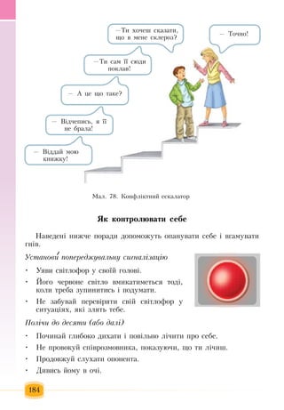184
ßê êîíòðîëþâàòè ñåáå
Íàâåäåí³ íèæ÷å  ïîðàäè äîïîìîæóòü  îïàíóâàòè ñåáå ³ âãàìóâàòè 
ãí³â.
Óñòàíîâè ïîïåðåäæóâàëüíó ñèãíàë³çàö³þ
Óÿâè ñâ³òëîôîð ó ñâî¿é ãîëîâ³.•	
Éîãî  ÷åðâîíå ñâ³òëî âìèêàòèìåòüñÿ  òîä³,•	
êîëè òðåáà  çóïèíèòèñü  ³  ïîäóìàòè.
Íå  çàáóâàé ïåðåâ³ðÿòè ñâ³é  ñâ³òëîôîð ó •	
ñèòóàö³ÿõ, ÿê³  çëÿòü  òåáå.
Ïîлічи äî äåñÿòè (àáî äàë³)
Ïî÷èíàé ãëèáîêî äèõàòè ³  ïîâ³ëüíî  лічиòè  ïðî ñåáå.•	
Íå  ïðîâîêóé  ñï³âðîçìîâíèêà, ïîêàçóþ÷è,  ùî òè  лічиø.•	
Ïðîäîâæóé  ñëóõàòè îïîíåíòà.•	
Äèâèñü éîìó â î÷³.•	
Ìàë. 78.  Êîíôë³êòíèé  åñêàëàòîð
— Òî÷íî!
— Â³ääàé  ìîþ
êíèæêó!
— Â³ä÷åïèñü, ÿ  ¿¿ 
íå áðàла!
—  À  öå ùî òàêå?
—Òè ñàì ¿¿ ñþäè 
ïîêëàâ!
—Òè  õî÷åø ñêàçàòè,
ùî â ìåíå ñêëåðîç?
 