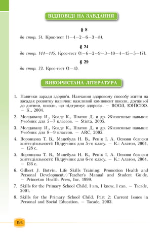 194
Â²ÄÏÎÂ²Ä² НА ÇÀ­ÂÄÀÍНЯ
§ 8
äî ñòîð. 51.  Êðîñ-òåñò  (1—4—2—6—3—8).
§ 24
äî ñòîð. 144—145.  Êðîñ-òåñò  (1—6—2—9—3—10—4—15—5—17).
§ 29
äî ñòîð. 73.  Êðîñ-òåñò  (1—4).
ÂÈÊÎÐÈÑÒÀÍÀ Ë²ÒÅÐÀÒÓÐÀ
Íàâè÷êè  çàðàäè  çäîðîâ'ÿ. Íàâ÷àííÿ çäîðîâîìó ñïîñîáó  æèòòÿ  íà 1.	
çàñàäàõ  ðîçâèòêó íàâè÷îê:  âàæëèâèé  êîìïîíåíò øêîëè,  äðóæíüî¿ 
äî äèòèíè,  øêîëè,  ùî  ï³äòðèìóº  çäîðîâ'ÿ. — ÂÎÎÇ, ÞÍ²ÑÅÔ.
—  Ê., 2004.
Ìîëäàâàíó  È.,  Êîàäå Ê., Ïëàòîí  Ä.  è äð. Æèçíåííûå íàâûêè:2.	
У÷åáíèê äëÿ 5—7  êëàñcîâ. — Stinta, 2005.
Ìîëäàâàíó  È.,  Êîàäå Ê., Ïëàòîí  Ä.  è äð. Æèçíåííûå íàâûêè:3.	
У÷åáíèê äëÿ 8—9  êëàcñîâ. — ARC, 2005.
Воронцова  Т.  В., Мацебула  Н.  В.,  Репік І. А.  Основи безпеки4.	
життєдіяльності:  Підручник для  5-го класу. — К.: Алатон, 2004.
— 128  c.
Воронцова  Т.  В., Мацебула  Н.  В.,  Репік І. А.  Основи безпеки5.	
життєдіяльності:  Підручник для  6-го класу. — К.: Алатон, 2004.
— 136  с.
Gilbert J. Botvin. Life Skills Training: Promotion Health and6.	
Personal Development//Teacher's Manual and Student Guide.
— Princeton Health Press, Inc. 1999.
Skills for the Primary School Child. I am, I know, I can. — Tacade,7.	
2001.
Skills for the Primary School Child. Part 2: Current Issues in8.	
Personal and Social Education. — Tacade, 2003.
 