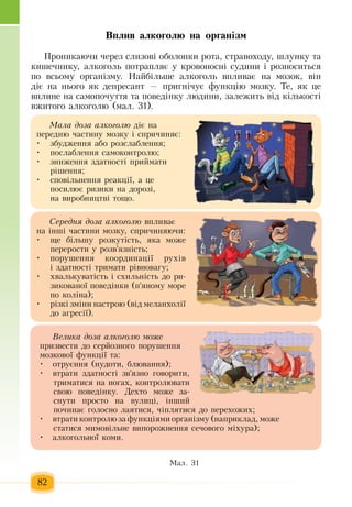 82
Âïëèâ àëêîãîëþ íà îðãàí³çì
Ïðîíèêàþ÷è через ñëèçîâ³ îáîëîíêè ðîòà,  ñòðàâîõîäу,  øëóíêу  òà 
êèøå÷íèêу,  àëêîãîëü ïîòðàïëÿº ó êðîâоносні судини  ³ ðîçíîñèòüñÿ
ïî âñüîìó îðãàí³çìó. Íàéá³ëüøå àëêîãîëü  âïëèâàº íà ìîçîê,  â³í 
ä³º íà íüîãî  ÿê äåïðåñàíò  — ïðèãí³÷óº ôóíêö³þ  ìîçêó. Òå, ÿê  öå 
âïëèíå íà ñàìîïî÷óòòÿ  òà  ïîâåä³íêó ëþäèíè, çàëåæèòü  â³ä ê³ëüêîñò³ 
âæèòîãî àëêîãîëþ (ìàë. 31).
Ìàë. 31
Ìàëà äîçà àëêîãîëþ  ä³º íà 
ïåðåäíþ ÷àñòèíó ìîçêó ³  спричиняє:
çáóäæåííÿ  àáî ðîçñëàáëåííÿ;•	
ïîñëàáëåííÿ  ñàìîêîíòðîëþ;•	
çíèæåííÿ çäàòíîñò³  ïðèéìàòè •	
ð³øåííÿ;
ñïîâ³ëüíåííÿ  ðåàêö³¿, а  це•	
ïîñèëþº ðèçèêè íà äîðîç³,
íà âèðîáíèöòâ³ òîùî.
Ñåðåäíÿ äîçà àëêîãîëþ  âïëèâàº 
íà ³íø³  ÷àñòèíè ìîçêó,  ñïðè÷èíÿþ÷è:
ùå á³ëüøó ðîçêóò³ñòü, ÿêà ìîæå •	
ïåðåðîñòè ó ðîçâ'ÿçí³ñòü;
ïîðóøåííÿ  êîîðäèíàö³¿ ðóõ³â •	
³ зäàòíîñò³ òðèìàòè ð³âíîâàãó;
õâàëüêóâàò³ñòü  ³ ñõèëüí³ñòü  äî ðè-•	
çèêîâàíî¿  ïîâåä³íêè  (ï'ÿíîìó ìîðå 
ïî êîë³íà);
ð³çê³  çì³íè íàñòðîþ (â³ä ìåëàíõîë³¿ •	
äî àãðåñ³¿).
Âåëèêà äîçà àëêîãîëþ  ìîæå 
ïðèçâåñòè äî ñåðéîçíîãî  ïîðóøåííÿ
ìîçêîâî¿ ôóíêö³¿ òà:
îòðóºííÿ (íóäîòè,  áëþâàííÿ);•	
âòðàòè  çäàòíîñò³  çâ'ÿçíî  ãîâîðèòè,•	
òðèìàòèñÿ  íà íîãàõ,  êîíтðîëþâàòè 
ñâîþ ïîâåä³íêó. Äåõòî ìîæå  çà-
ñíóòè  ïðîсто  íà âóëèö³,  ³íøèé
ïî÷èíàº  ãîëîñíî ëàÿòèñÿ, ÷³ïëÿòèñÿ  äî  ïåðåõîæèõ;
âòðàòè êîíòðîëþ  за  ôóíêö³ÿìè îðãàí³çìó  (íàïðèêëàä,  ìîæå •	
ñòàòèñÿ  ìèìîâ³ëüíå âèïîðîæíåííÿ  ñå÷îâîãî ì³õóðà);
àëêîãîëüíî¿ êîìè.•	
 