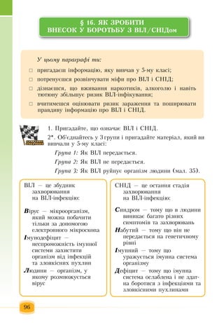 96
§ 16. ßÊ ÇÐÎÁÈÒÈ
ÂÍÅÑÎÊ Ó ÁÎÐÎÒÜÁÓ Ç Â²Ë/ÑÍ²Äîì
1.  Пригадайте, що означає  ВІЛ і  СНІД.
2*.  Об'єднайтесь  у 3  групи і  пригадайте матеріал,  який  ви
вивчали у 5-му класі:
Група 1:  Як  ВІЛ  передається.
Група 2:  Як  ВІЛ не  передається.
Група 3:  Як  ВІЛ руйнує організм людини (мал. 35).
Ó öüîìó ïàðàãðàô³ òè:
 	пригадаєш інформацію,  яку вивчав у 5-му класі;
 	потренуєшся  розвінчувати міфи  про  ВІЛ і  СНІД;
	 дізнаєшся,  ùî âæèâàííÿ  íàðêîòèê³â, алкоголю  і навіть 
тютюну çá³ëüøóº ðèçèê  Â²Ë-³íô³êóâàííÿ;
	 вчитимешся  оцінювати ризик  зараження  та  поширювати
правдиву інформацію про  ВІЛ і  СНІД.
ÑÍ²Ä — öå îñòàííÿ  ñòàä³ÿ
çàõâîðþâàííÿ
íà  Â²Ë-³íôåêö³þ:
Ñèíäðîì  —  òîìó ùî â ëþäèíè 
âèíèêàº áàãàòî ð³çíèõ
ñèìïòîì³â òà  çàõâîðþâàíü
Íàáóòèé —  òîìó ùî â³í íå 
передається  на  генетичному
рівні
²ìóííèé —  òîìó ùî 
óðàæуºòüñÿ  ³ìóííà ñèñòåìà 
îðãàí³çìó
Äåô³öèò  —  òîìó ùî ³ìóííà 
ñèñòåìà îñëàáëåíà ³  не  здат-
на боротися з ³íôåêö³ями  òà 
çëîÿê³ñíèми ïóõëèíами
Â²Ë  — öå  çáóäíèê 
çàõâîðþâàííÿ
íà  Â²Ë-³íôåêö³þ:
Â³ðóñ  —  ì³êðîîðãàí³çì,
ÿêèé  ìîæíà  ïîáà÷èòè 
ò³ëüêè  çà äîïîìîãîþ
åëåêòðîííîãî ì³êðîñêîïà
²ìóíîäåô³öèò  —
íåñïðîìîæí³ñòü  ³ìóííî¿ 
ñèñòåìè  çàõèñòèòè 
îðãàí³çì â³ä ³íôåêö³é
òà  çëîÿê³ñíèõ ïóõëèí
Ëþäèíè  —  îðãàí³çì, у
ÿêîìó ðîçìíîæóºòüñÿ
â³ðóñ
 