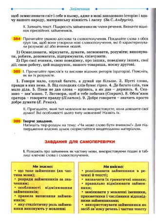 • Займенник •—
щоб осмислювати світ і себе в ньому, адже в мові закодовано історію і вда-
чу нашого народу, материнську ніжність і ласку (За С.Андрусів).
II. Запишіть текст. Підкресліть займенники як члени речення. Визначте відмі-
нок присвійних займенників.
384 Прочитайте уважно дієслова та словосполучення. Поєднайте слова з обох
груп так, щоб вони утворили нові словосполучення, які б характеризува-
ли розумові дії або вчинки людей.
1) Осмислювати, міркувати, думати, засвоювати, розуміти; виконува-
ти, робити, допомагати, підтримувати, співчувати.
2) Про свої вчинки, свою поведінку, про інших, поведінку інших, свої
дії; свою роботу, цей подарунок, нашого товариша, моєму другові.
385 І. Прочитайте прислів'я та вислови відомих риторів (ораторів). Поясніть,
як ви їх розумієте.
1. Говори мало, слухай багато, а думай ще більше. 2. Пусті слова,
правди в них нема. 3. Від солодких слів буває гірко. 4. Де багато слів, там
мало діла. 5. Поки не дав слова - кріпись, а як дав - держись. 6. Ска-
зано - зав'язано. 7. Заговори, щоб я тебе побачив (Сократ). 8. Обов'язок
оратора - говорити правду (Платон). 9. Добре говорити - значить просто
добре думати (Е. Ренан).
II. Пригадайте, який тип мовлення ви використовуєте, коли доводите свої
думки? Які особливості цього типу мовлення? Назвіть їх.
386 Творче завдання.
Напишіть твір-роздум на тему: «Чи може слово бути вчинком?» Для під-
твердження власних думок скористайтеся вищеподаним матеріалом.
З А В Д А Н Н Я Д Л Я С А М О П Е Р Е В І Р К И
І. Розкажіть про займенник як частину мови, використовуючи подані в таб-
лиці ключові слова і словосполучення.
Ми знаємо:
• що таке займенник (як час-
тина мови);
• розряди займенників за зна-
ченням;
• особливості відмінювання
займенників;
• правила написання займен-
ників;
• яку стилістичну роль займен-
ники виконують у мовленні
Ми вміємо:
• розпізнавати займенники в ре-
ченні й тексті;
• визначати їх граматичні ознаки;
• правильно відмінювати займен-
ники;
• замінювати у мовленні іменники,
прикметники і числівники відповід-
ними займенниками;
• використовувати займенники як
засіб зв'язку речень і частин тексту
 