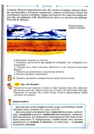 • • Дієслово •—1 •
зітхання. Нелегко вирощувати хліб. Він засмаг на вітрах, облився доща-
ми, вистраждав у ві.сняних заморозках, зігрівся сп..'котним сонцем та
невсипущою працею хлібороба, і дарує нам щастя. Ось чому так шанує на-
род тих, хто вирощує хліб. Від батька до сина п..p..дається ця майстер-
ність (За Н. Щвець).
Пшенична нива -
гордість хлібороба
I
II. Виконайте завдання за текстом.
1. Розкажіть, що ви знаєте про професію хлібороба. Чи є хлібороби у ва-
шій родині?
2. Підкресліть у тексті дієслова. Визначте їх час. Назвіть початкову
форму.
3. Поясніть розділові знаки у виділеному реченні.
4. Визначте розряди займенників.
III. Опишіть ілюстрацію, використовуючи різні частини мови.
394 Гра «Хто більше?».
Розділіться на дві команди. Кожна по черзі називає прислів'я, приказку
або загадку про хліб. Зверніть увагу на те, щоб у них були вжиті дієслова.
Переможе та команда, яка згадає більшу кількість фольклорних творів
з різними дієсловами.
Запам'ятайте!
Дієслово має кілька морфологічних ознак, не властивих іншим
частинам мови, зокремачас, вид, спосіб.
Дієслова мають три форми часу: минулий (малював, намалю-
вав), теперішній (малює) і майбутній (малюватиме, намалює,
буде малювати), які виражають відношення дії або стану до мо-
менту мовлення. У теперішньому і майбутньому часі дієслова
змінюються за особами й числами, а в минулому - за родами
(в однині) і числами.
 