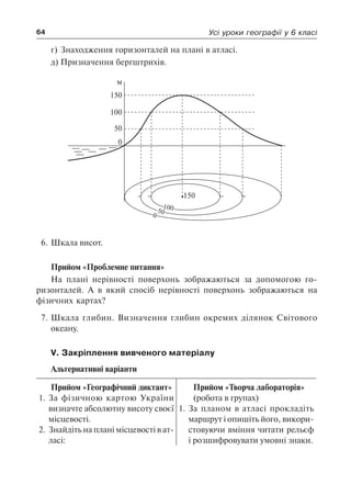 64 Усі уроки географії у 6 класі
г)	Знаходження горизонталей на плані в атласі.
д)	Призначення берґштрихів.
150
10050
0
150
100
50
0
м
6.	Шкала висот.
Прийом «Проблемне питання»
На плані нерівності поверхонь зображаються за допомогою го-
ризонталей. А в який спосіб нерівності поверхонь зображаються на
фізичних картах?
7.	Шкала глибин. Визначення глибин окремих ділянок Світового
­океану.
V. Закріплення вивченого матеріалу
Альтернативні варіанти
Прийом «Географічний диктант»
1.	За фізичною картою України
визначте абсолютну висоту своєї
місцевості.
2.	Знайдіть на плані місцевості в ат-
ласі:
Прийом «Творча лабораторія»
(робота в групах)
1.	За планом в атласі прокладіть
маршрут і опишіть його, викори-
стовуючи вміння читати рельєф
і розшифровувати умовні знаки.
 