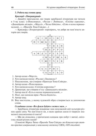 10	 Усі уроки зарубіжної літератури. 6 клас
3. Робота над темою уроку
Кросворд «Літературний»
— Давайте пригадаємо, які твори зарубіжної літератури ми читали
в 5-му класі. («Попелюшка», «Руслан і Людмила», «Снігова королева»,
«Дванадцять місяців», «Мауглі», «Чесна бідність», «Есть в осени первона-
чальной...», «Пригоди Тома Сойєра»...)
— Кросворд «Літературний» перевірить, чи добре ви пам’ятаєте ав-
торів цих творів.
10
1
К І П Л І Н Г
2
П У Ш К І Н
3
Т В Е Н
4
П Е Р Р О
5
А Н Д Е Р С Е Н
6 М А Р Ш А К
7 Т Ю Т Ч Е В
У
8 Б Е Р Н С
9 Б А С Ь О
1.	Автор казки «Мауглі».
2.	Хто написав поему «Руслан і Людмила»?
3.	Письменник, що створив «Пригоди Тома Сойєра».
4.	Автор казки «Попелюшка».
5.	Хто написав казку «Снігова королева»?
6.	Драматург, що створив п’єсу «Дванадцять місяців».
7.	Автор поезії «Есть в осени первоначальной...»
8.	Поет, що написав вірш «Чесна бідність».
9.	Автор хоку.
10.	 Вид мистецтва, у якому художній образ створюється за допомогою
слова.
Складання схеми «Все флаги будут в гости к нам...»
— Зарубіжна література відкриває нам неосяжний світ культури різ-
них країн світу. Чи пам’ятаєте ви, в яких країнах жили й творили зна-
мениті письменники й поети?
— Що ви дізнались з прочитаних книжок про побут і звичаї, світо-
гляд людей різних націй?
(З повісті Марка Твена «Пригоди Тома Сойєра» ми дізналися про жит-
тя простих американців у невеликому містечку США у ХІХ столітті.
 