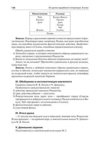 136	 Усі уроки зарубіжної літератури. 6 клас
Фантастические Реальные
Черт
Колдун
Духи
Ведьма
Кузнец Вакула
Оксана
Дьяк
Голова
Чуб
Солоха
Пацюк
Выводы. Наряду с реальными героями в повести присутствуют и фан-
тастические.Некоторыегерои,например,Пацюк,выглядят,какобычные
люди, но способны осуществлять фантастические действия. Двойствен-
ную природу имеет и Солоха, способная перевоплощаться в ведьму.
Обряды украинского народа в повести
1)	Зачитайте строки, в которых описываются обряды украинского на-
рода, связанные с празднованием Рождества.
2)	Какие из описанных Гоголем обычаев сохранились до наших дней?
Знаете ли вы колядки? Прочитайте украинские и русские колядки,
известные вам.
Выводы. Гоголь с любовью описывает обряды украинского народа,
его быт и обычаи, использует множество украинских слов, не переводя
их на русский язык, чтобы донести до читателя всю красоту, атмосферу
праздника на родной писателю Украине.
ІІІ. Обобщение и систематизация изученного
Сравните повести Н. В. Гоголя и Ч. Диккенса.
Особенности «рождественской» повести:
1)	действие происходит накануне Рождества;
2)	срок действия события — одна ночь;
3)	Рождественская ночь дарит чудо — преображает героев (Скрудж
превращается в добродетельного человека; Оксана влюбляется в Ва-
кулу; Чуб «прозревает» по отношению к Солохе);
4)	фантастические герои и события;
5)	счастливый финал.
IV. Итоги урока
— С детства мы ожидаем чуда в морозную зимнюю ночь Рождества.
И оно приходит — по крайней мере, в замечательных книгах Ч. Диккен-
са и Н. В. Гоголя.
V. Домашнее задание
Подготовиться к тематической аттестации № 3.
 