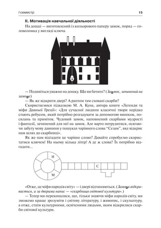 І семестр	 15
ІІ. Мотивація навчальної діяльності
На дошці — виготовлений із кольорового паперу замок, поряд — го-
ловоломка у вигляді ключа.
— Подивіться уважно на дошку. Що ви бачите? (Замок, зачинений на
замок)
— Як же відкрити двері? А раптом там сховані скарби?
Скористаємося підказкою М. А. Куна, автора книги «Легенди та
міфи Давньої Греції»: «Для сучасної людини класичні твори нерідко
стають ребусом, який потрібно розгадувати за допомогою виносок, по-
силань та приміток. Чудовий замок, наповнений скарбами мудрості
і фантазії, зачинений для неї на замок. Але варто потрудитися, осягаю-
чи забуту мову давнини у пошуках чарівного слова “Сезам”, яке відкриє
нам шлях до скарбниці».
Як же нам відгадати це чарівне слово? Давайте спробуємо скорис-
татися ключем! На ньому кілька літер! А де ж слова? Їх потрібно від-
гадати...
«Отже,цеміфинародівсвіту» —ідверівідчиняються.(Замоквідкри-
вається, а за дверима напис — «скарбниця світової культури».)
— Тепер ми переконалися, що, тільки знаючи міфи народів світу, ми
зможемо краще зрозуміти і світову літературу, і живопис, і скульптуру,
а отже, стати культурними, освіченими людьми, яким відкрилися скар-
би світової культури.
 