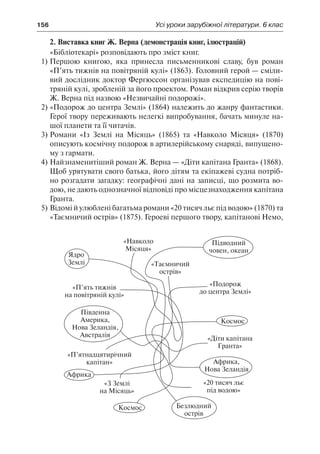 156	 Усі уроки зарубіжної літератури. 6 клас
2. Виставка книг Ж. Верна (демонстрація книг, ілюстрацій)
«Бібліотекарі» розповідають про зміст книг.
1)	Першою книгою, яка принесла письменникові славу, був роман
«П’ять тижнів на повітряній кулі» (1863). Головний герой — сміли-
вий дослідник доктор Фергюссон організував експедицію на пові-
тряній кулі, зробленій за його проектом. Роман відкрив серію творів
Ж. Верна під назвою «Незвичайні подорожі».
2)	«Подорож до центра Землі» (1864) належить до жанру фантастики.
Герої твору переживають нелегкі випробування, бачать минуле на-
шої планети та її читачів.
3)	Романи «Із Землі на Місяць» (1865) та «Навколо Місяця» (1870)
описують космічну подорож в артилерійському снаряді, випущено-
му з гармати.
4)	Найзнаменитіший роман Ж. Верна — «Діти капітана Гранта» (1868).
Щоб урятувати свого батька, його дітям та екіпажеві судна потріб-
но розгадати загадку: географічні дані на записці, що розмита во-
дою, не дають однозначної відповіді про місцезнаходження капітана
Гранта.
5)	Відомі й улюблені багатьма романи «20 тисяч льє під водою» (1870) та
«Таємничий острів» (1875). Героеві першого твору, капітанові Немо,
 