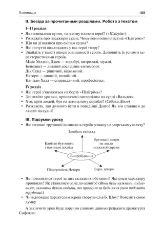 ІІ семестр	 159
ІІ. Бесіда за прочитаними розділами. Робота з текстом
І–ІІ розділи
	 Як називалося судно, на якому пливли герої? («Пілігрім»)
	Розкажіть про пасажирів судна. Чому вони опинилися на «Пілігрімі»?
	 Що ви дізналися про екіпаж судна?
	 Які почуття викликають у вас герої твору?
	 Знайдіть у тексті описи зовнішності героїв. Доповніть їх усними ха-
рактеристиками героїв.
Місіс Уелдон, Джек — хоробрі, витривалі, мужні.
Бенедикт — дивний дослідник-ентомолог.
Дік Сенд — рішучий, відважний.
Негоро — дивний, потайний.
Капітан Халл — справедливий, професіонал.
IV розділ
	 Які герої з’являються на борту «Пілігріма»?
	 Зачитайте уривки, присвячені потерпілим на судні «Вальдек».
	 Хто, крім людей, був на затонулому кораблі? (Собака Дінго)
	Розкажіть, що дивного було в поведінці Дінго? Як він ставився до
людей на судні?
ІІІ. Підсумки уроку
	 Які головні труднощі виникли в героїв роману на морському шляху?
	 Як поводилися герої за цих складних обставин? Які риси характеру
проявили? Як ставилися одне до одного? (Вони були мужніми, сміли-
вими, сильними духом людьми, які прагнули за будь-яких умов подолати
труднощі.)
	 Чи відповідає характерам героїв твору вислів Б. Шоу? Поясніть свою
думку.
А закінчити урок буде доречно словами давньогрецького драматурга
Софокла:
 