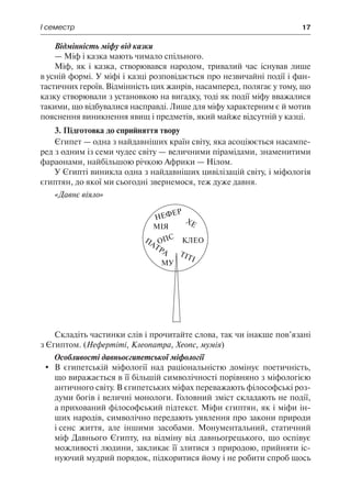 І семестр	 17
Відмінність міфу від казки
— Міф і казка мають чимало спільного.
Міф, як і казка, створювався народом, тривалий час існував лише
в усній формі. У міфі і казці розповідається про незвичайні події і фан-
тастичних героїв. Відмінність цих жанрів, насамперед, полягає у тому, що
казку створювали з установкою на вигадку, тоді як події міфу вважалися
такими, що відбувалися насправді. Лише для міфу характерним є й мотив
пояснення виникнення явищ і предметів, який майже відсутній у казці.
3. Підготовка до сприйняття твору
Єгипет — одна з найдавніших країн світу, яка асоціюється насампе-
ред з одним із семи чудес світу — величними пірамідами, знаменитими
фараонами, найбільшою річкою Африки — Нілом.
У Єгипті виникла одна з найдавніших цивілізацій світу, і міфологія
єгиптян, до якої ми сьогодні звернемося, теж дуже давня.
«Давнє віяло»
Складіть частинки слів і прочитайте слова, так чи інакше пов’язані
з Єгиптом. (Нефертіті, Клеопатра, Хеопс, мумія)
Особливості давньоєгипетської міфології
	 В єгипетській міфології над раціональністю домінує поетичність,
що виражається в її більшій символічності порівняно з міфологією
античного світу. В єгипетських міфах переважають філософські роз-
думи богів і величні монологи. Головний зміст складають не події,
а прихований філософський підтекст. Міфи єгиптян, як і міфи ін-
ших народів, символічно передають уявлення про закони природи
і сенс життя, але іншими засобами. Монументальний, статичний
міф Давнього Єгипту, на відміну від давньогрецького, що оспівує
можливості людини, закликає її злитися з природою, прийняти іс-
нуючий мудрий порядок, підкоритися йому і не робити спроб щось
 