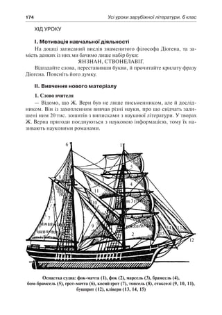 174	 Усі уроки зарубіжної літератури. 6 клас
Хід уроку
І. Мотивація навчальної діяльності
На дошці записаний вислів знаменитого філософа Діогена, та за-
мість деяких із них ми бачимо лише набір букв:
ЯНЗНАН, СТВОНЕЛАВІГ.
Відгадайте слова, переставивши букви, й прочитайте крилату фразу
Діогена. Поясніть його думку.
ІІ. Вивчення нового матеріалу
1. Слово вчителя
— Відомо, що Ж. Верн був не лише письменником, але й дослід-
ником. Він із захопленням вивчав різні науки, про що свідчать зали-
шені ним 20 тис. зошитів з виписками з наукової літератури. У творах
Ж. Верна пригоди поєднуються з науковою інформацією, тому їх на-
зивають науковими романами.
Оснастка судна: фок-мачта (1), фок (2), марсель (3), брамсель (4),
бом-брамсель (5), грот-мачта (6), косий грот (7), топсель (8), стакселі (9, 10, 11),
бушприт (12), клівери (13, 14, 15)
 