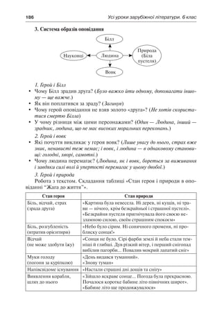 186	 Усі уроки зарубіжної літератури. 6 клас
3. Система образів оповідання
1. Герой і Білл
	 Чому Білл зрадив друга? (Було важко йти одному, допомагати іншо-
му — ще важче.)
	 Як він поплатився за зраду? (Загинув)
	 Чому герой оповідання не взяв золото «друга»? (Не хотів скориста-
тися смертю Білла)
	 У чому різниця між цими персонажами? (Один — Людина, інший —
зрадник, людина, що не має високих моральних переконань.)
2. Герой і вовк
	 Які почуття викликає у героя вовк? (Лише увагу до нього, страх вже
зник, ненависті теж немає; і вовк, і людина — в однаковому станови-
щі: голодні, хворі, самотні.)
	 Чому людина перемагає? (Людина, як і вовк, бореться за виживання
і завдяки силі волі й упертості перемагає у цьому двобої.)
3. Герой і природа
Робота з текстом. Складання таблиці «Стан героя і природи в опо-
віданні “Жага до життя”».
Стан героя Стан природи
Біль, відчай, страх
(зрада друга)
«Картина була невесела. Ні дерев, ні кущів, ні тра-
ви — нічого, крім безкрайньої і страшної пустелі».
«Безкрайня пустеля пригнічувала його своєю не-
зламною силою, своїм страшним спокоєм»
Біль, розгубленість
(втратив орієнтири)
«Небо було сірим. Ні сонячного променя, ні про-
блиску сонця!»
Відчай
(не може здобути їжу)
«Сонця не було. Сірі фарби землі й неба стали тем-
ніші й глибші. Дув різкий вітер, і перший снігопад
вибілив пагорби... Повалив мокрий лапатий сніг»
Муки голоду
(погоня за куріпкою)
«День видався туманний».
«Знову туман»
Напівсвідоме існування «Настали страшні дні дощів та снігу»
Виявлення корабля,
шлях до нього
«Зійшло яскраве сонце... Погода була прекрасною.
Почалося коротке бабине літо північних широт».
«Бабине літо ще продовжувалося»
 