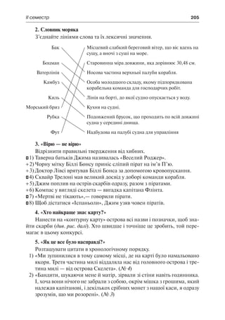 ІІ семестр	 205
2. Словник моряка
З’єднайте лініями слова та їх лексичні значення.
Бак
Боцман
Ватерлінія
Камбуз
Киль
Морський бриз
Рубка
Фут
Місцевий слабкий береговий вітер, що віє вдень на
сушу, а вночі з суші на море.
Старовинна міра довжини, яка дорівнює 30,48 см.
Носова частина верхньої палуби корабля.
Особа молодшого складу, якому підпорядкована
корабельна команда для господарчих робіт.
Лінія на борті, до якої судно опускається у воду.
Кухня на судні.
Подовжений брусок, що проходить по всій довжині
судна у середині днища.
Надбудова на палубі судна для управління
3. «Вірю — не вірю»
Відрізнити правильні твердження від хибних.
– 1)	Таверна батьків Джима називалась «Веселий Роджер».
+ 2)	Чорну мітку Біллі Бонсу приніс сліпий пірат на ім’я П’ю.
+ 3)	Доктор Лівсі врятував Біллі Бонса за допомогою кровопускання.
– 4)	Сквайр Трелоні мав великий досвід у доборі команди корабля.
+ 5)	Джим поплив на острів скарбів одразу, разом з піратами.
+ 6)	Компас у вигляді скелета — вигадка капітана Флінта.
– 7)	«Мертві не тікають»,— говорили пірати.
– 8)	Щоб дістатися «Іспаньоли», Джим узяв човен піратів.
4. «Хто найкраще знає карту?»
Нанести на «контурну карту» острова всі назви і позначки, щоб зна-
йти скарби (див. рис. далі). Хто швидше і точніше це зробить, той пере-
магає в цьому конкурсі.
5. «Як це все було насправді?»
Розташувати цитати в хронологічному порядку.
1)	«Ми зупинилися в тому самому місці, де на карті було намальовано
якоря. Третя частина милі віддаляла нас від головного острова і тре-
тина милі — від острова Скелета». (№ 4)
2)	«Бандити, шукаючи мене й матір, зірвали зі стіни навіть годинника.
І, хоча вони нічого не забрали з собою, окрім мішка з грошима, який
належав капітанові, і декількох срібних монет з нашої каси, я одразу
зрозумів, що ми розорені». (№ 3)
 