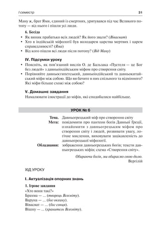 І семестр	 31
Ману ж, брат Ями, єдиний із смертних, урятувався під час Великого по-
топу — від нього і пішли усі люди.
6. Бесіда
	 Як виник прабатько всіх людей? Як його звали? (Вівасват)
	 Хто в індійській міфології був володарем царства мертвих і царем
справедливості? (Яма)
	 Від кого пішли всі люди після потопу? (Від Ману)
IV. Підсумки уроку
	 Поясніть, як пов’язаний вислів О. де Бальзака «Пустеля — це Бог
без людей» з давньоіндійським міфом про створення світу.
	 Порівняйте давньоєгипетський, давньоіндійський та давньокитай-
ський міфи між собою. Що ви бачите в них спільного та відмінного?
Які міфи більше схожі між собою?
V. Домашнє завдання
Намалювати ілюстрації до міфів, які сподобалися найбільше.
Урок № 6
	Тема.	 Давньогрецький міф про створення світу
	 Мета:	 повідомити про пантеон богів Давньої Греції,
ознайомити з давньогрецьким міфом про
створення світу і людей, розвивати увагу, ло-
гічне мислення, виховувати зацікавленість до
давньогрецької міфології.
	 Обладнання:	 зображення давньогрецьких богів; тексти дав-
ньогрецьких міфів; схема «Створення світу».
Обираючи богів, ми обираємо свою долю.
Вергілій
Хід уроку
І. Актуалізація опорних знань
1. Ігрове завдання
«Хто вони такі?»
Брахма — ... (творець Всесвіту).
Варуна — ... (бог океану).
Вівасват — ... (бог сонця).
Вішну — ... (хранитель Всесвіту).
 