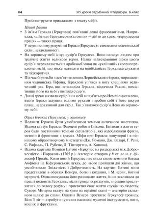 64	 Усі уроки зарубіжної літератури. 6 клас
Проілюструвати прикладами з тексту міфів.
Цікаві факти
	 З ім’ям Геракла (Геркулеса) пов’язані деякі фразеологізми. Напри-
клад, «дійти до Геркулесових стовпів» — дійти до краю; «геркулесова
праця» — тяжка праця.
У переносному розумінні Геракл (Геркулес) є символом велетенської
сили, нездоланності.
	 На зоряному небі існує сузір’я Геркулеса. Воно нагадує людям про
трагічне життя великого героя. Назва найяскравішої зірки цього
сузір’я перекладається з арабської мови як «уклінний» (коленопре-
клоненный), що може натякати на необхідність Геркулеса служити
та підкорятися.
	 Під час боротьби з дев’ятиголовою Лернейською гідрою, породжен-
ням чудовиська Тіфона, Гераклові уп’явся в ногу клешнями вели-
чезний рак. Гера, що ненавиділа Геракла, віддячила Ракові, поміс-
тивши його на небі у вигляді сузір’я.
	 Давні греки назвали сузір’я на небі в пам’ять про Немейського лева,
якого Геракл задушив голими руками і зробив собі з його шкури
плащ, невразливий для стріл. Так з’явилося сузір’я Лева на зоряно-
му небі.
Образ Геракла (Геркулеса) у живопису
	 Подвиги Геракла були улюбленими темами античного мистецтва.
Відома статуя Геракла Фарнезе роботи Глікона. Епізоди з життя ге-
роя були постійними темами скульпторів, які оздоблювали фризи,
метопи й фронтони в храмах. Міфи про Геракла популярні і в піз-
нішому образотворчому мистецтві (Дж. Романо, Дж. Вазарі, Г. Рені,
С. Рафаель, П. Рубенс, Л. Тінторетто, А. Канова).
	 Відома картина Помпео Батоні «Геркулес на роздоріжжі між Добро-
чесністю і Пороком» (1765 р.). Алегорію створив у V ст. до н. е. фі-
лософ Продік. Коли юний Геркулес пас стада свого земного батька
Амфіона на Кіферонських луках, до нього прийшли дві жінки, що
уособлювали Зніженість і Доброчесність. На картині Батоні вони
представлені в образах Венери, богині кохання, і Мінерви, богині
мудрості. Одна спокушала його радощами життя, інша закликала до
праці і подвигів. Геркулес, після тривалих роздумів, вирішив прислу-
хатися до голосу розуму і присвятив своє життя служінню людству.
Сувора Мінерва вказує на храм на верхівці скелі — алегорію склад-
ного шляху до слави. Ошатна Венера простягає Геркулесу троянду.
Біля її ніг — атрибути чуттєвих насолод: музичні інструменти, ноти,
кошик із фруктами.
 