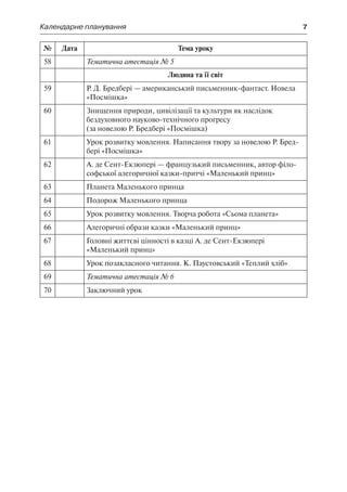 Календарне планування	 7
№ Дата Тема уроку
58 Тематична атестація № 5
Людина та її світ
59 Р. Д. Бредбері — американський письменник-фантаст. Новела
«Посмішка»
60 Знищення природи, цивілізації та культури як наслідок
бездуховного науково-технічного прогресу
(за новелою Р. Бредбері «Посмішка)
61 Урок розвитку мовлення. Написання твору за новелою Р. Бред-
бері «Посмішка»
62 А. де Сент-Екзюпері — французький письменник, автор філо-
софської алегоричної казки-притчі «Маленький принц»
63 Планета Маленького принца
64 Подорож Маленького принца
65 Урок розвитку мовлення. Творча робота «Сьома планета»
66 Алегоричні образи казки «Маленький принц»
67 Головні життєві цінності в казці А. де Сент-Екзюпері
«Маленький принц»
68 Урок позакласного читання. К. Паустовський «Теплий хліб»
69 Тематична атестація № 6
70 Заключний урок
 