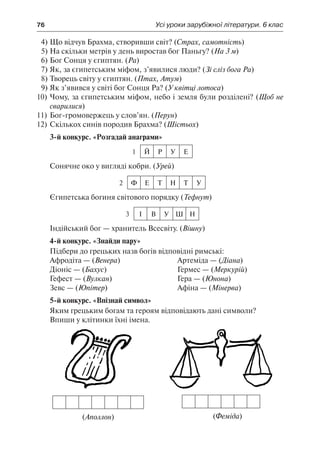 76	 Усі уроки зарубіжної літератури. 6 клас
4)	Що відчув Брахма, створивши світ? (Страх, самотність)
5)	На скільки метрів у день виростав бог Паньгу? (На 3 м)
6)	Бог Сонця у єгиптян. (Ра)
7)	Як, за єгипетським міфом, з’явилися люди? (Зі сліз бога Ра)
8)	Творець світу у єгиптян. (Птах, Атум)
9)	Як з’явився у світі бог Сонця Ра? (У квітці лотоса)
10)	Чому, за єгипетським міфом, небо і земля були розділені? (Щоб не
сварилися)
11)	Бог-громовержець у слов’ян. (Перун)
12)	Скількох синів породив Брахма? (Шістьох)
3-й конкурс. «Розгадай анаграми»
1 Й Р У Е
Сонячне око у вигляді кобри. (Урей)
2 Ф Е Т Н Т У
Єгипетська богиня світового порядку (Тефнут)
3 І В У Ш Н
Індійський бог — хранитель Всесвіту. (Вішну)
4-й конкурс. «Знайди пару»
Підбери до грецьких назв богів відповідні римські:
Афродіта — (Венера)	 Артеміда — (Діана)
Діоніс — (Бахус)	 Гермес — (Меркурій)
Гефест — (Вулкан)	 Гера — (Юнона)
Зевс — (Юпітер)	 Афіна — (Мінерва)
5-й конкурс. «Впізнай символ»
Яким грецьким богам та героям відповідають дані символи?
Впиши у клітинки їхні імена.
(Аполлон) (Феміда)
 