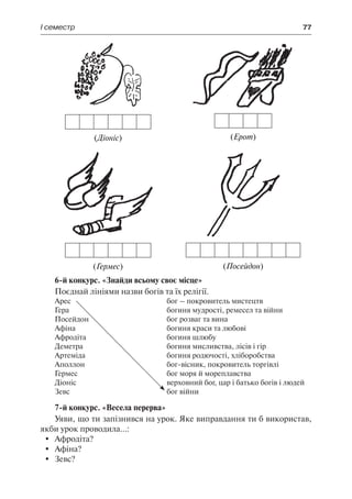 І семестр	 77
(Діоніс) (Ерот)
(Гермес) (Посейдон)
6-й конкурс. «Знайди всьому своє місце»
Поєднай лініями назви богів та їх релігії.
Арес
Гера
Посейдон
Афіна
Афродіта
Деметра
Артеміда
Аполлон
Гермес
Діоніс
Зевс
бог – покровитель мистецтв
богиня мудрості, ремесел та війни
бог розваг та вина
богиня краси та любові
богиня шлюбу
богиня мисливства, лісів і гір
богиня родючості, хліборобства
бог-вісник, покровитель торгівлі
бог моря й мореплавства
верховний бог, цар і батько богів і людей
бог війни
7-й конкурс. «Весела перерва»
Уяви, що ти запізнився на урок. Яке виправдання ти б використав,
якби урок проводила...:
	 Афродіта?
	 Афіна?
	 Зевс?
 