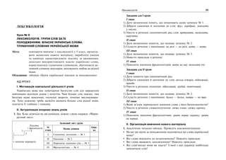 54 Українська мова. 6 клас 55Лексикологія
ЛЕКСИКОЛОГІЯ
Урок № 9
ЛЕКСИКОЛОГІЯ. ГРУПИ СЛІВ ЗА ЇХ
ПОХОДЖЕННЯМ. ВЛАСНЕ УКРАЇНСЬКІ СЛОВА.
ТЛУМАЧНИЙ СЛОВНИК УКРАЇНСЬКОЇ МОВИ
Мета: повторити вивчене з лексикології у 5 класі, організу-
вати засвоєння нового матеріалу; виробляти уміння
та навички характеризувати лексику за вживанням,
доцільно використовувати власне українські слова,
користуватися тлумачним словником; збагачувати ак-
тивний словник школярів; виховувати любов до рідної
мови.
Обладнання: таблиця «Групи української лексики за походженням»
ХІД УРОКУ
І. Мотивація навчальної діяльності учнів
Українська мова має невичерпне багатство слів для вираження
найтонших відтінків думок і почуттів. Чим більше слів знаємо, тим
багатше наше мовлення, гнучкіші звороти, точніше висловлюван-
ня. Тому кожному треба засвоїти якомога більше слів рідної мови,
осягнути її глибини і тонкощі.
ІІ. Актуалізація опорних знань учнів
1. Гра. Клас ділиться на дві команди, кожна з яких одержує «Марш-
рутний лист».
Лексика
і фразеологія
3 4
1 2. .
. .
× початок маршруту
Заліковий лист групи
№
етапу
Назви зупинок
Оцін-
ка
І Синоніми, антоніми — № 1
ІІ Омоніми — № 2
ІІІ Переносне значення слів — № 3
IV Фразеологізми — № 4
Завдання для І групи
І етап
1) Дати визначення понять, що позначають назву зупинки № 1.
2) Дібрати синоніми й антоніми до слів: друг, хоробрий, зникнути
у хвилях.
3) Увести в речення синонімічний ряд слів: врятувати, визволити,
виручити.
ІІ етап
1) Дати визначення поняття, що називає зупинку № 2.
2) Скласти речення з омонімами: на розі — на розі; мати — мати.
ІІІ етап
1) Дати визначення поняття, що називає зупинку № 3.
2) Навести приклади в реченні.
IV етап
1) Пояснити значення фразеологізмів: мати на оці; мозолити очі.
Завдання для ІІ групи
І етап
1) Дати поняття про синонімічний ряд.
2) Дібрати синоніми й антоніми до слів: весела історія, відважний,
правда.
3) Увести в речення синоніми: образливий, грубий, неввічливий.
ІІ етап
1) Дати визначення поняття, що називає зупинку № 2.
2) Скласти речення з омонімами: балка — балка, натри — на три.
ІІІ етап
1) Який зв’язок переносного значення слова з його багатозначністю?
2) Увести в речення словосполучення: свіже слово; свіжа сорочка.
IV етап
1) Пояснити значення фразеологізмів: грати першу скрипку; грати
на нервах.
ІІ. Організація вивчення нового матеріалу
1. Аналітичне читання таблиці. Проведіть взаємоопитування:
На які дві групи за походженням поділяються всі слова української
мови?
Які слова відносять до незапозичених? Наведіть приклади.
Які слова вважають запозиченими? Наведіть приклади.
Які слов’янські мови ви знаєте? З якої з них українці найбільше
запозичили слів?
 