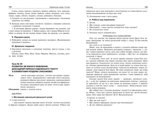 132 Українська мова. 6 клас 133Іменник
Спека, думка, присяга, перемога, тривога, рибалка, хуга, черепаха,
фабрика, відлига, епоха, жінка, берізка, стріха, розвідка, туга, втіха,
згадка, курка, облога, подруга, сусідка, рівновага, бідолаха.
Складіть по два речення з іменниками у давальному і місцевому
відмінках (на вибір).
5. Конкурс юних кмітливих лінгвістів. Знайдіть і виправте помилки
у вживанні іменників І відміни.
1. Я нагодував Дружка кашою і пішов працювати над задачою, яка
у мені чомусь не виходила. 2. Бабуся кажуть, що у дядька Миколи ні ко-
пійки за душою, бо він цілими днями співає під грушою, а не працює.
V. Підсумки уроку
Побудуйте сенкан на основі вивченого матеріалу «Відмінювання
іменників І відміни».
VI. Домашнє завдання
Поставити іменники у кличному відмінку, ввести кілька з них
у речення.
Оксана, Таня, Ніна, Юля, Хома, Марина, Микола, ластівка, шко-
ла, зоря, історія.
Урок № 39
РОЗВИТОК ЗВ’ЯЗНОГО МОВЛЕННЯ.
ДОКЛАДНИЙ ПЕРЕКАЗ ХУДОЖНЬОГО ТЕКСТУ
З ЕЛЕМЕНТАМИ РОЗДУМУ (ПИСЬМОВО)
Мета: вчити школярів детально, логічно послідовно перека-
зувати текст, додержуватися структури тексту-роздуму;
розвивати образне мислення і мовлення; удосконалювати
уміння доцільно добирати художні засоби для оформлен-
ня думки; виховувати увагу до мови, чуття слова, право-
писну пильність.
Обладнання: картки з планом тексту.
ХІД УРОКУ
І. Мотивація навчальної діяльності учнів
1. Слово вчителя:
— Для кожної людини важливо вміти зв’язно, логічно послідовно
й образно говорити. Цьому треба довго і багато вчитися. Робота над
переказом дасть вам можливість підготуватися до самостійного скла-
дання висловлювання на будь-яку тему.
2. Оголошення теми і мети уроку.
ІІ. Робота над переказом
1. Бесіда:
Що означає слово докладний (переказ)?
Пригадайте, з яких частин складається текст-роздум?
Як складається план?
2. Читання тексту (перший раз).
РОМАШКА НА ТАНКОДРОМІ
Олег усе частіше так виразно бачив крутий вигін Орелі біля на-
сипу, пригадував, як пахне розімлілий очерет у спеку. То був поклик
батьківщини.
Але коли ж це почалося?
Може, тоді, як випадково в одного з солдатів побачив томик вір-
шів рідною мовою. Навмання розгорнув сторінку і прочитав: «…па-
дає з дерев пожовкле листя, день уже в обіді догорів, кажуть, що вно-
чі на передмістя осінь приблукала з хуторів…» Він так і не повернув
солдатові ті вірші.
А можливо, отого дня, як після гарячих навчань лежав біля тан-
ка і раптом побачив між траків гусениці білу квітку ромашки. Вона
мов проросла з блискучого, як леміш плуга, металу, жовтеньке сонеч-
ко з білими промінчиками. Було це в чужій країні, де стояла їхня час-
тина, де не було степу, вільної річки. І раптом ця ромашка, зовсім до-
машня, наче виросла біля Орелі. Як вона потрапила сюди, які вітри
занесли? Може, дівчата-полонянки, які жили тут не дуже давно, ви-
падково принесли сюди ромашчине насіння, і воно проросло, щоб
нагадувати їм батьківщину?
Екіпажі сиділи біля своїх машин — замурзані, натомлені хлоп-
ці,— а він усе дивився на жовтеньке ромашчине сонечко і намагав-
ся пригадати, як же це у них вдома на ромашку кажуть. І нарешті
спливло в пам’яті чисте слово — «невісточка». Невісточками нази-
вають вдома ромашку.
Він забрав тоді з гусениці ромашку і вклав її до військового квит-
ка. Може, з того дня і почала приходити до нього все частіш батьків-
щина, його край над Оріллю (За О. Васильківським).
3. Бесіда за змістом:
Про що цей текст?
Що навіяло офіцерові спогади про батьківщину?
Де він побачив ромашку?
 