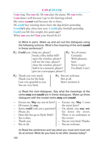 102
CAN (COULD)
I can sing. You can ski. He can play the piano. We can write.
I can dance well because I go to the dancing school.
My sister cannot read because she is three.
He could buy running shoes there the day before yesterday.
I couldn’t play chess last year. I could play football yesterday.
Could you lift this weight five years ago?
What can you do? Can your friend do it?
b) Work in pairs. Make up and act out the dialogues using
the following scheme. What’s the meaning of the verb could
in these sentences?
c) Read the mini dialogues. Say what the meanings of the
verbs may and could are in these dialogues. Make up three
dialogues with the modal verbs may and could.
d) Read the sentences and say what you must and must not
do at school. What do you have to do after classes today?
P1: Could you help me, please?
break a fifty dollar bill?
open the window, please?
tell me the time, please?
close the window, please?
hold it in a moment, please?
give me a newspaper, please?
P1: Thank you very much.
Thank you for the help.
I am very grateful to you.
You are very kind.
— Excuse me. May my son sit here?
— Of course, he may.
— Sorry, could I ask you a question?
— Please, do.
— Does this bus go to Hyde Park?
— Yes, it does.
— Thank you.
— Not at all.
P2: Yes, of course.
Certainly.
With pleasure.
Sure.
Sorry, I can’t.
I’m afraid, I can’t.
P2: You are welcome.
Not at all.
Don’t mention it.
— Excuse, me. May I cross
the street here?
— I’m afraid, you may not.
Go down the street.
There is an underpass at
the corner.
— You are very kind. Thanks.
— You are welcome.
 