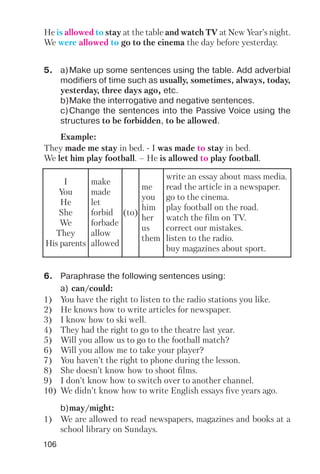 106
He is allowed to stay at the table and watch TV at New Year’s night.
We were allowed to go to the cinema the day before yesterday.
5. a)Make up some sentences using the table. Add adverbial
modifiers of time such as usually, sometimes, always, today,
yesterday, three days ago, etc.
b)Make the interrogative and negative sentences.
c)Change the sentences into the Passive Voice using the
structures to be forbidden, to be allowed.
Example:
They made me stay in bed. I was made to stay in bed.
We let him play football. – He is allowed to play football.
I
You
He
She
We
They
His parents
make
made
let
forbid
forbade
allow
allowed
(to)
me
you
him
her
us
them
write an essay about mass media.
read the article in a newspaper.
go to the cinema.
play football on the road.
watch the film on TV.
correct our mistakes.
listen to the radio.
buy magazines about sport.
6. Paraphrase the following sentences using:
a) can/could:
1) You have the right to listen to the radio stations you like.
2) He knows how to write articles for newspaper.
3) I know how to ski well.
4) They had the right to go to the theatre last year.
5) Will you allow us to go to the football match?
6) Will you allow me to take your player?
7) You haven’t the right to phone during the lesson.
8) She doesn’t know how to shoot films.
9) I don’t know how to switch over to another channel.
10) We didn’t know how to write English essays five years ago.
b)may/might:
1) We are allowed to read newspapers, magazines and books at a
school library on Sundays.
 