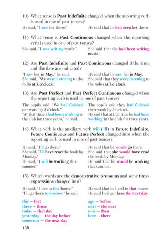 138
10) What tense is Past Indefinite changed when the reporting verb
is used in one of past tenses?
He said, "I saw her there." He said that he had seen her there.
11) What tense is Past Continuous changed when the reporting
verb is used in one of past tenses?
She said, "I was writing music." She said that she had been writing
music.
12) Are Past Indefinite and Past Continuous changed if the time
and the date are indicated?
13) Are Past Perfect and Past Perfect Continuous changed when
the reporting verb is used in one of past tenses?
"І saw her in May," he said.
She said, "We were listening to the
radio at 7 o’clock."
He said that he saw her in May.
She said that they were listening to
the radio at 7 o’clock.
The pupils said, "We had finished
our work by 5 o'clock."
"At that time I had been working in
the club for three years," he said.
The pupils said they had finished
their work by 5 o'clock.
He said that at that time he had been
working in the club for three years.
14) What verb is the auxiliary verb will (‘ll) in Future Indefinite,
Future Continuous and Future Perfect changed into when the
reporting verb is used in one of past tenses?
15) Which words are the demonstrative pronouns and some time
expressions changed into?
He said, "I'll go there."
She said, "I'll have read the book by
Monday."
He said, "I will be working this
summer."
He said that he would go there.
She said that she would have read
the book by Monday.
He said that he would be working
that summer.
He said, "I live in this house."
"I'll go there tomorrow," he said.
He said that he lived in that house.
He said he'd go there the next day.
this — that
these — those
today — that day
yesterday — the day before
tomorrow — the next day
ago — before
next — the next
now — then
here — there
 
