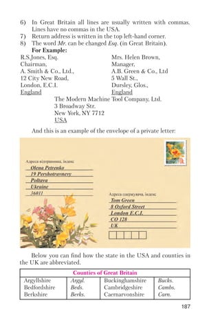 187
6) In Great Britain all lines are usually written with commas.
Lines have no commas in the USA.
7) Return address is written in the top left hand corner.
8) The word Mr. can be changed Esq. (in Great Britain).
For Example:
R.S.Jones, Esq. Mrs. Helen Brown,
Chairman, Manager,
A. Smith & Co., Ltd., A.B. Green & Co., Ltd
12 City New Road, 5 Wall St.,
London, E.C.I. Dursley, Glos.,
England England
The Modern Machine Tool Company, Ltd.
3 Broadway Str.
New York, NY 7712
USA
And this is an example of the envelope of a private letter:
Counties of Great Britain
Argyllshire
Bedfordshire
Berkshire
Argyl.
Beds.
Berks.
Buckinghamshire
Cambridgeshire
Caernarvonshire
Bucks.
Cambs.
Carn.
Below you can find how the state in the USA and counties in
the UK are abbreviated.
 