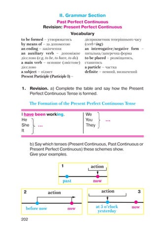 202
II. Grammar Section
Past Perfect Continuous
Revision: Present Perfect Continuous
Vocabulary
to be formed – утворюватись
by means of – за допомогою
an ending – закінчення
an auxiliary verb – допоміжне
дієслово (e.g. to be, to have, to do)
a main verb – основне (змістове)
дієслово
a subject – підмет
Present Participle (Participle I) –
дієприкметник теперішнього часу
(verb+ing)
an interrogative/negative form –
питальна/заперечна форма
to be placed – розміщатись,
ставитись
a particle – частка
definite – певний, визначений
1. Revision. a) Complete the table and say how the Present
Perfect Continuous Tense is formed.
b) Say which tenses (Present Continuous, Past Continuous or
Present Perfect Continuous) these schemes show.
Give your examples.
I have been working. We
He You ...
She ... They
It
The Formation of the Present Perfect Continuous Tense
nowbefore now
action
nowat 5 o’clock
yesterday
action
nowpast
action1
2 3
 