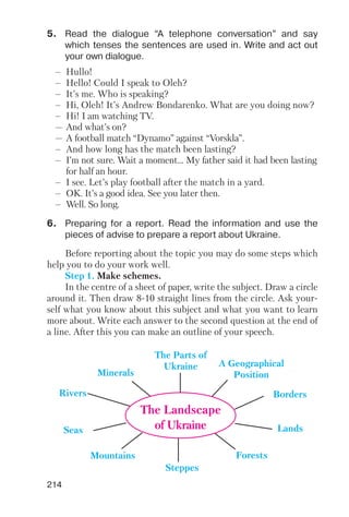 214
5. Read the dialogue “A telephone conversation” and say
which tenses the sentences are used in. Write and act out
your own dialogue.
6. Preparing for a report. Read the information and use the
pieces of advise to prepare a report about Ukraine.
– Hullo!
– Hello! Could I speak to Oleh?
– It’s me. Who is speaking?
– Hi, Oleh! It’s Andrew Bondarenko. What are you doing now?
– Hi! I am watching TV.
— And what’s on?
— A football match “Dynamo” against “Vorskla”.
– And how long has the match been lasting?
– I’m not sure. Wait a moment... My father said it had been lasting
for half an hour.
– I see. Let’s play football after the match in a yard.
– OK. It’s a good idea. See you later then.
– Well. So long.
Before reporting about the topic you may do some steps which
help you to do your work well.
Step 1. Make schemes.
In the centre of a sheet of paper, write the subject. Draw a circle
around it. Then draw 8 10 straight lines from the circle. Ask your
self what you know about this subject and what you want to learn
more about. Write each answer to the second question at the end of
a line. After this you can make an outline of your speech.
The Parts of
Ukraine A Geographical
PositionMinerals
Rivers
Seas
Borders
Lands
Mountains Forests
Steppes
The Landscape
of Ukraine
 