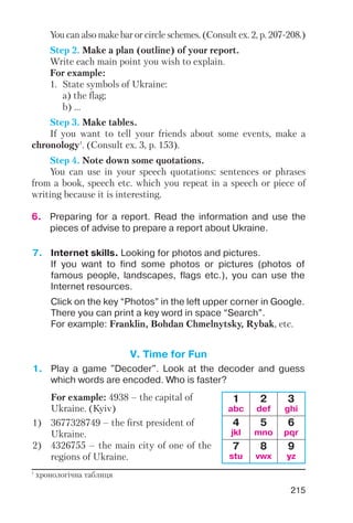 For example: 4938 – the capital of
Ukraine. (Kyiv)
1) 3677328749 – the first president of
Ukraine.
2) 4326755 – the main city of one of the
regions of Ukraine.
215
6. Preparing for a report. Read the information and use the
pieces of advise to prepare a report about Ukraine.
You can also make bar or circle schemes. (Consult ex. 2, p. 207 208.)
Step 2. Make a plan (outline) of your report.
Write each main point you wish to explain.
For example:
1. State symbols of Ukraine:
a) the flag;
b) …
Step 3. Make tables.
If you want to tell your friends about some events, make a
chronology1
. (Consult ex. 3, p. 153).
Step 4. Note down some quotations.
You can use in your speech quotations: sentences or phrases
from a book, speech etc. which you repeat in a speech or piece of
writing because it is interesting.
1
хронологічна таблиця
7. Internet skills. Looking for photos and pictures.
If you want to find some photos or pictures (photos of
famous people, landscapes, flags etc.), you can use the
Internet resources.
Click on the key “Photos” in the left upper corner in Google.
There you can print a key word in space “Search”.
For example: Franklin, Bohdan Chmelnytsky, Rybak, etc.
V. Time for Fun
1. Play a game "Decoder". Look at the decoder and guess
which words are encoded. Who is faster?
1
abc
2
def
3
ghi
4
jkl
5
mno
6
pqr
7
stu
8
vwx
9
yz
 